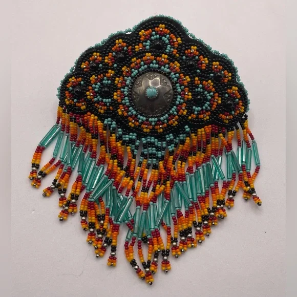 Artisan Fabulous Beaded Hair Barrette with Sterling and Turquoise Center